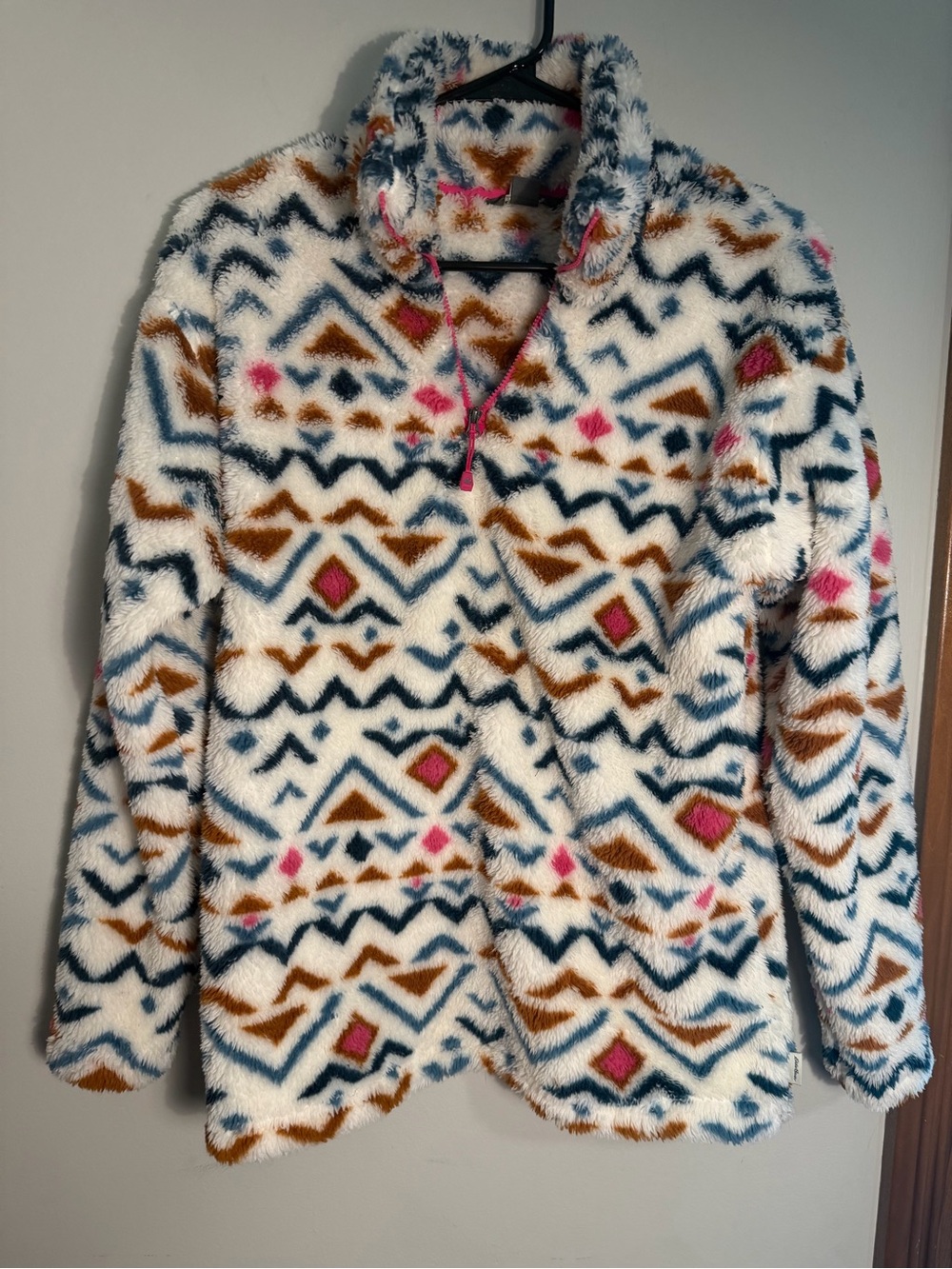 Eddie Bauer White Multi Colored Geometric Patterned Fleece Pullover Size Small
